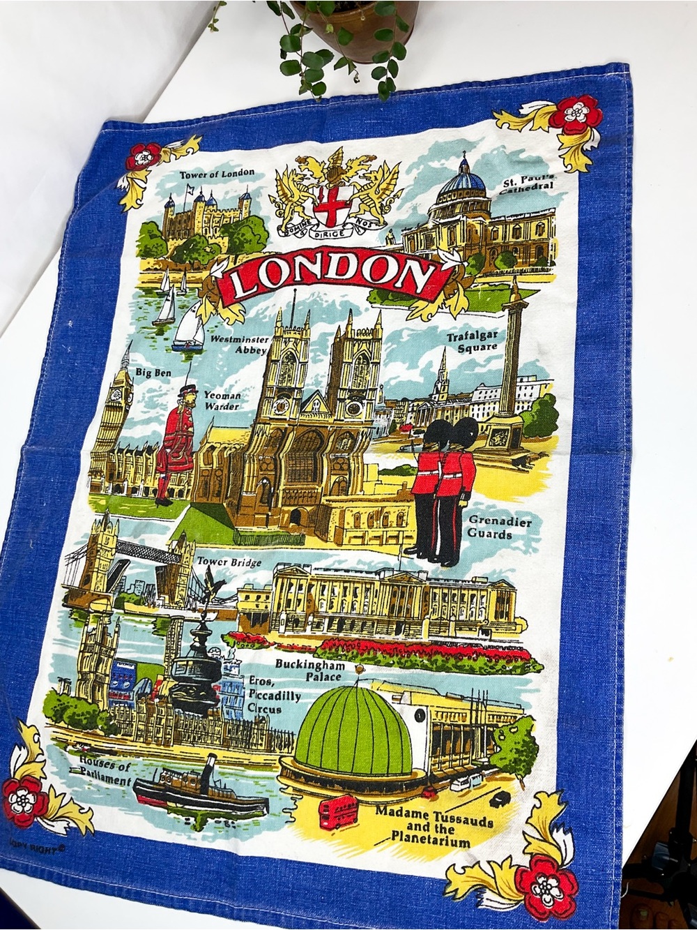 VINTAGE London Souvenir Cotton Tea Towel - Blue Border